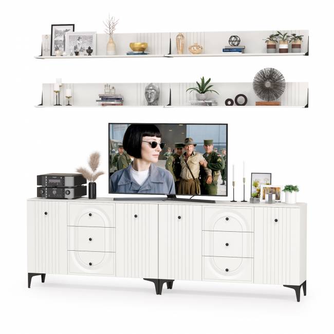 Два широких комода Валенсия и четыре навесных полки цвет белый шагрень