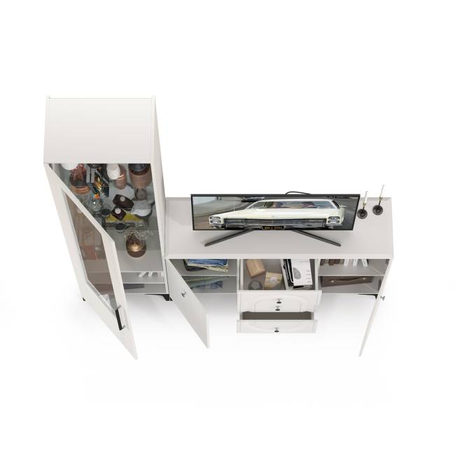 Пенал со стеклом и комод-ТВ-тумба Валенсия цвет белый шагрень