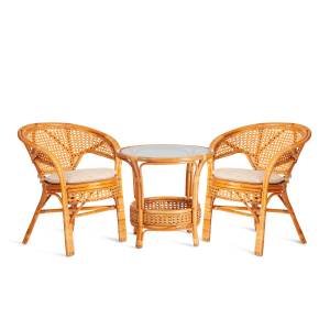 ТЕРРАСНЫЙ КОМПЛЕКТ "Pelangi/Пеланги" (стол со стеклом + 2 кресла)/с подушками / ротанг, кресло 65х65х77см, стол диаметр 64х61см, медовый Honey (мед) ротанг