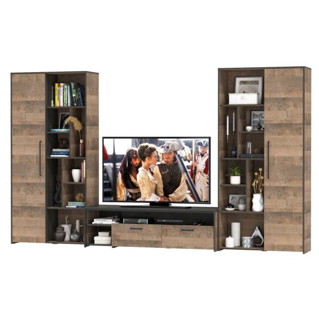 Два шкафа-стеллажа в стиле лофт и тумба для аппаратуры Трувор цвет дуб гранж песочный/интра