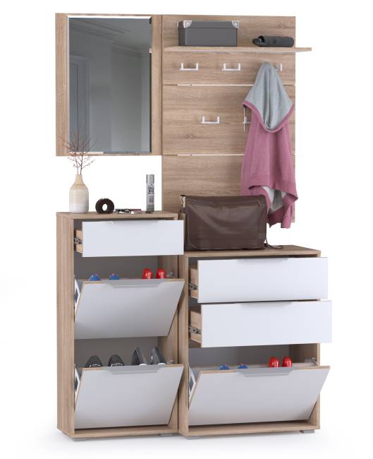 Обувница 13.113 + Вешалка 10.122 + обувница 13.114 + Зеркало Куба цвет дуб сонома/белый премиум