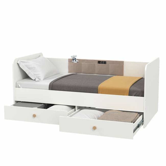 Кровать с ящиками и накладкой-карманом Джастин цвет белый шагрень/ткань серо-бежевая Кровать с ящиками и накладкой-карманом Джастин цвет белый шагрень/ткань серо-бежевая