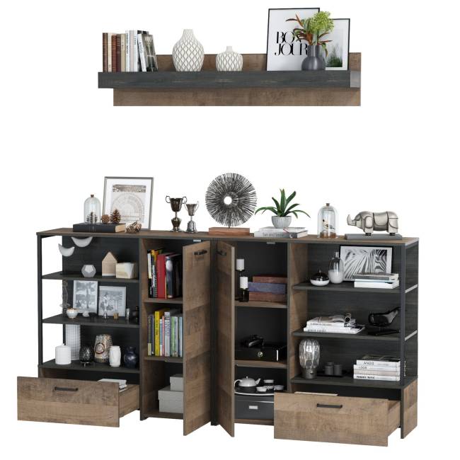 Два комода с дверками и ящиками и навесная полка Трувор цвет дуб гранж песочный/интра