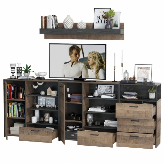 Два комода с дверкой и ящиком с навесной полкой и комодом с тремя ящиками Трувор цвет дуб гранж песочный/интра