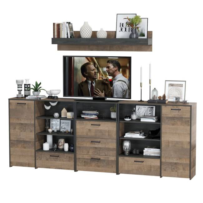 Два комода с дверкой и ящиком с навесной полкой и комодом с тремя ящиками Трувор цвет дуб гранж песочный/интра