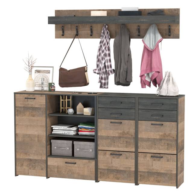 Две вешалки для одежды с полкой с двумя тумбами для обуви и комодом-тумбой с дверкой Трувор цвет дуб гранж песочный/интра