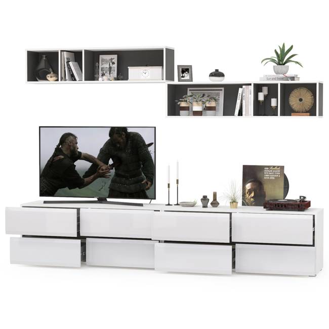 Две ТВ тумбы Сидней с полками цвет белый/чёрный/фасады МДФ белый глянец Две ТВ тумбы Сидней с полками цвет белый/чёрный/фасады МДФ белый глянец