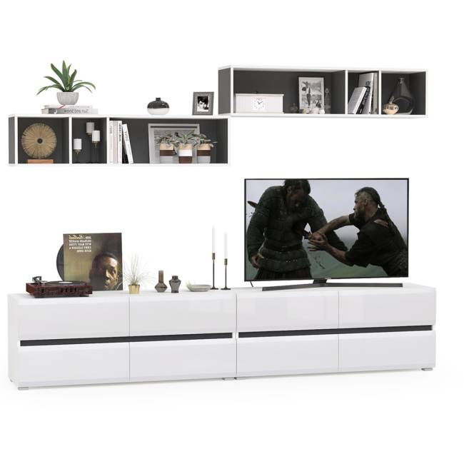 Две ТВ тумбы Сидней с полками цвет белый/чёрный/фасады МДФ белый глянец Две ТВ тумбы Сидней с полками цвет белый/чёрный/фасады МДФ белый глянец