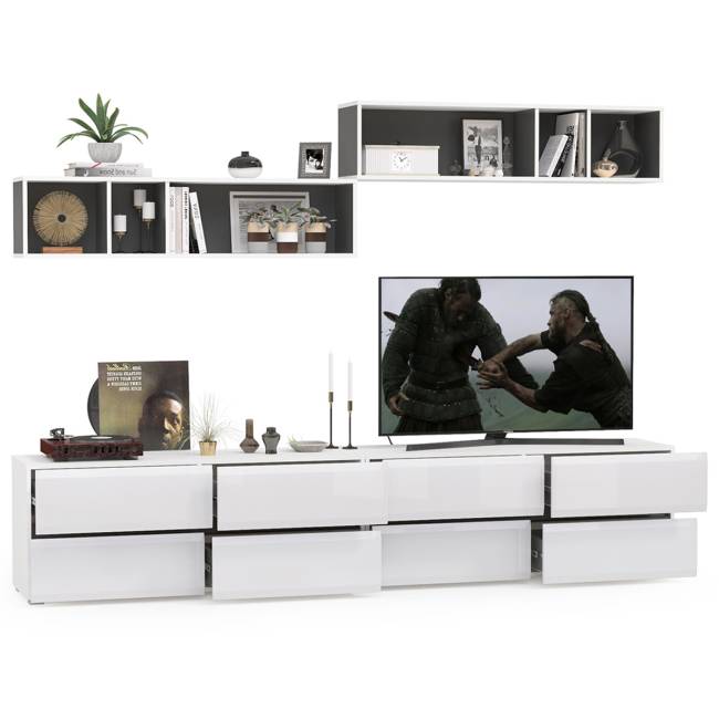 Две ТВ тумбы Сидней с полками цвет белый/чёрный/фасады МДФ белый глянец Две ТВ тумбы Сидней с полками цвет белый/чёрный/фасады МДФ белый глянец