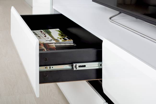 Две ТВ тумбы Сидней с полками цвет белый/чёрный/фасады МДФ белый глянец Две ТВ тумбы Сидней с полками цвет белый/чёрный/фасады МДФ белый глянец