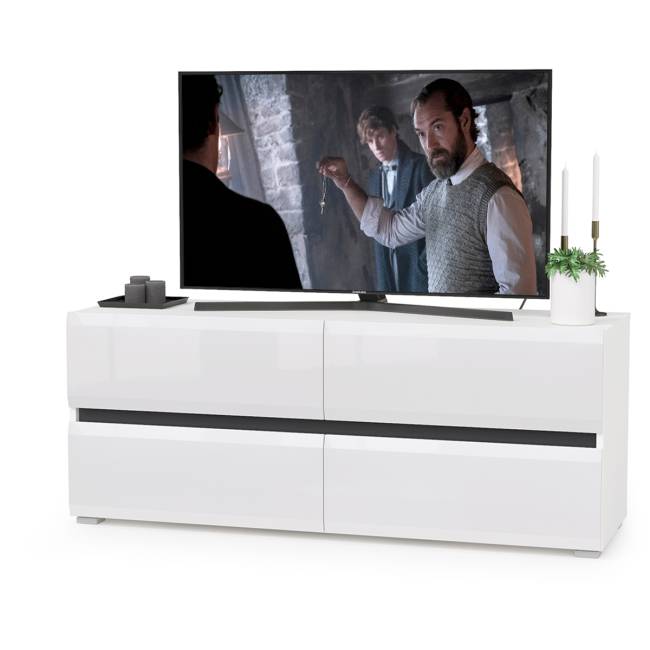 Две ТВ тумбы Сидней с полками цвет белый/чёрный/фасады МДФ белый глянец Две ТВ тумбы Сидней с полками цвет белый/чёрный/фасады МДФ белый глянец